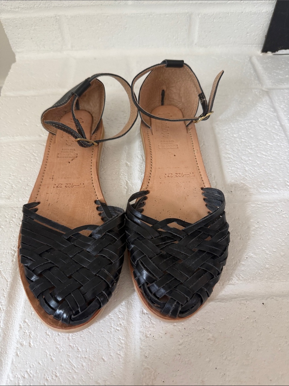 Black Woven Leather Ankle-Strap Flats for Women